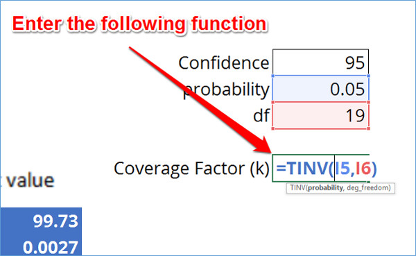 Coverage Factor Calculator TINV function