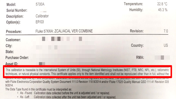 fluke calibration report traceability statement