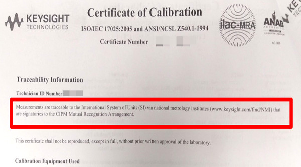 keysight calibration report traceability statement