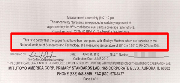 mitutoyo calibration report traceability statement