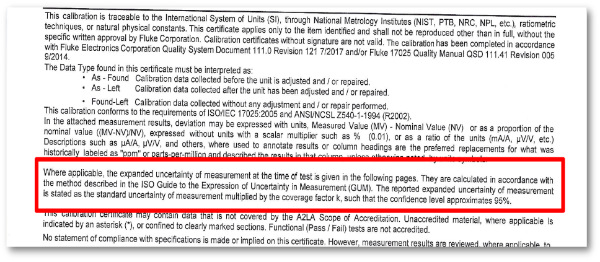 Fluke certificate uncertainty statement