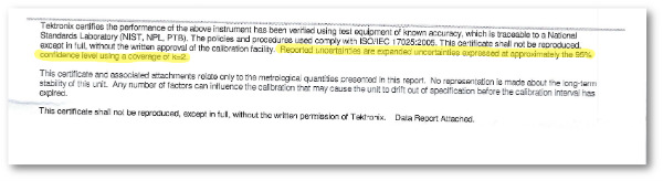 Tektronix certificate uncertainty statement