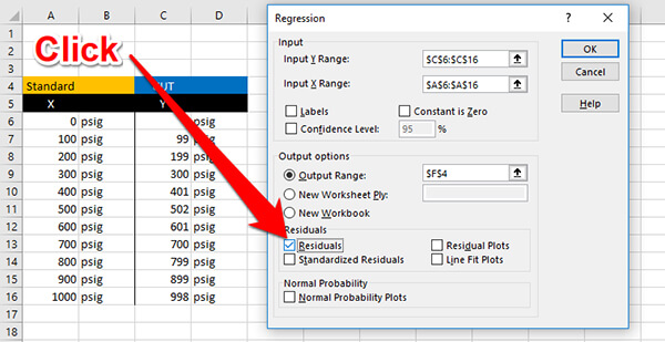 calculate linearity uncertainty click add residuals