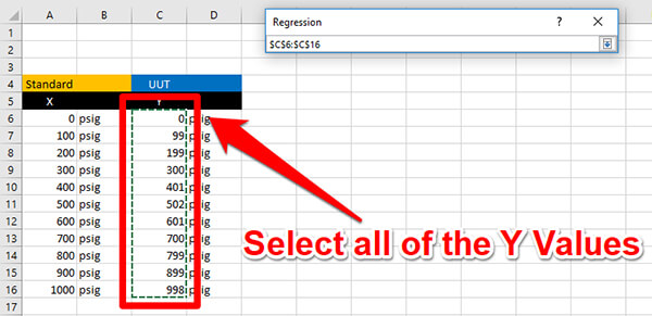 calculate linearity uncertainty select y values