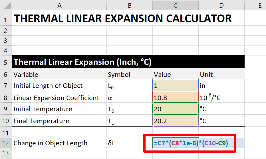 thermal-expansion-calculator-step 5c: the excel formula