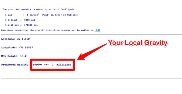 NOAA Gravity Calculator Result