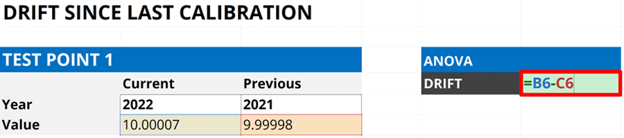 Drift Since Last Calibration Formula in Excel Calculator