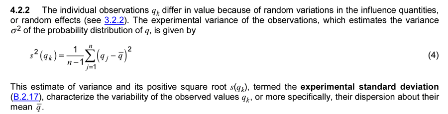 standard deviation definition from the GUM, JCGM 100:2008 section 4.2.2