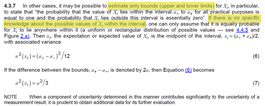 JCGM 100:2008, section 4.3.7 - Use rectangular distribution if uncertainty is estimated only by tolerance limits