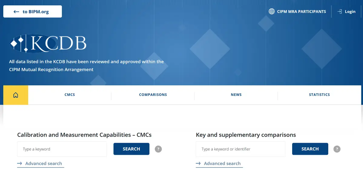 BIPM Key Comparison Database (KCDB) Website Screenshot