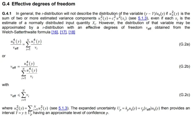 Effective Degrees of Freedom Formula from JCGM 100:2008 section G.4.1
