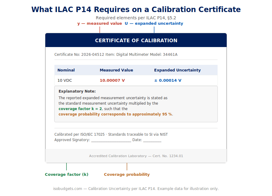 Annotated calibration certificate showing the measured value, expanded uncertainty, coverage factor, and coverage probability required by ILAC P14 section 5.2